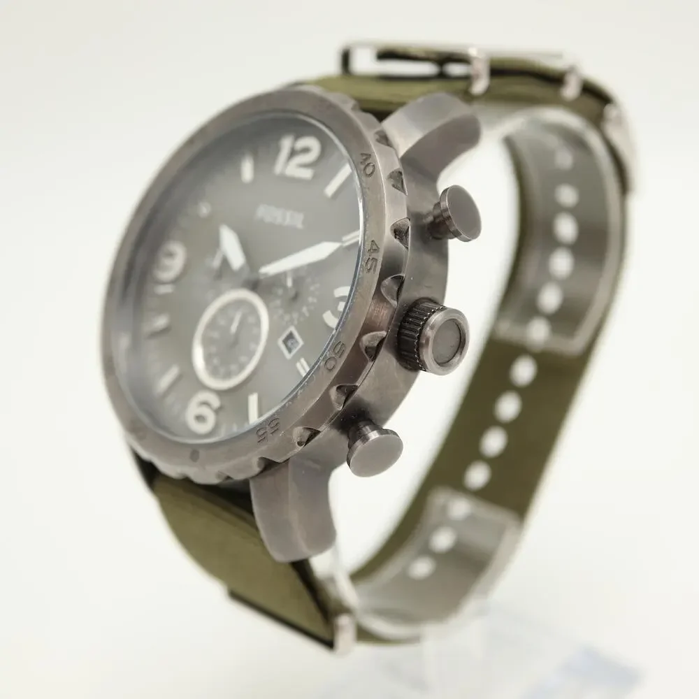 Fossil Nate Gunmetal Gray Men's 50mm Chronograph Watch Green Nylon w New Battery